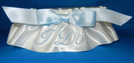 Satin Garter with Embroidered Blue "I Do"